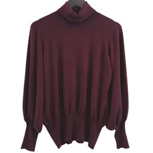 BYdesign Turtleneck Sweater Women Large Burgundy Puff Sleeve Knit Top Academia